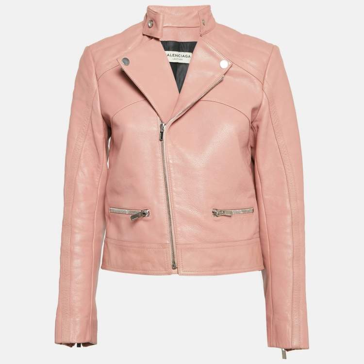 Pre Owned Balenciaga Pink Leather Zipper Detail Rider Jacket M