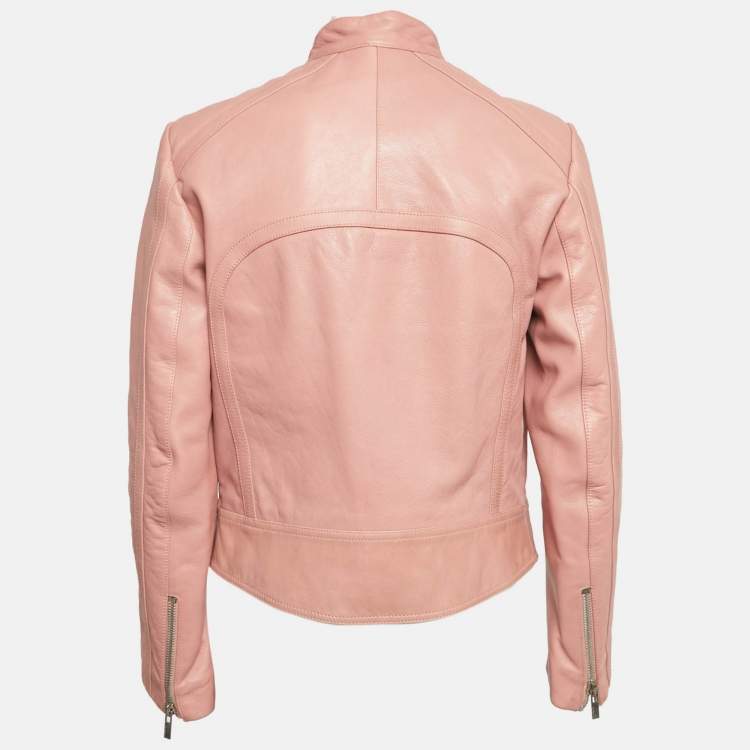 Pre Owned Balenciaga Pink Leather Zipper Detail Rider Jacket M