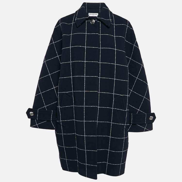 Pre Owned Balenciaga Navy Blue Checkered Wool Mid-Length Coat M