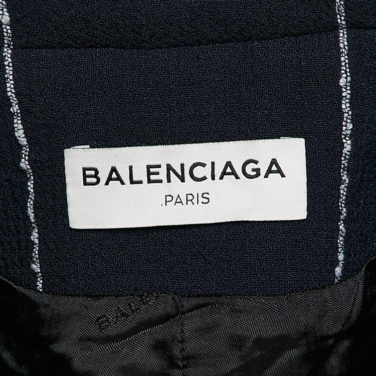 Pre Owned Balenciaga Navy Blue Checkered Wool Mid-Length Coat M