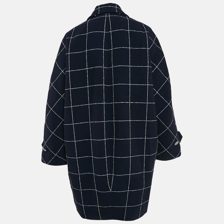 Pre Owned Balenciaga Navy Blue Checkered Wool Mid-Length Coat M
