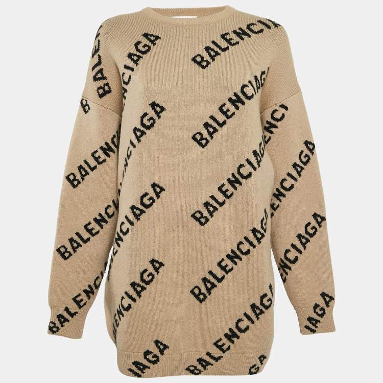 Pre Owned Balenciaga Caramel Brown Allover Logo Wool Oversized Sweater M