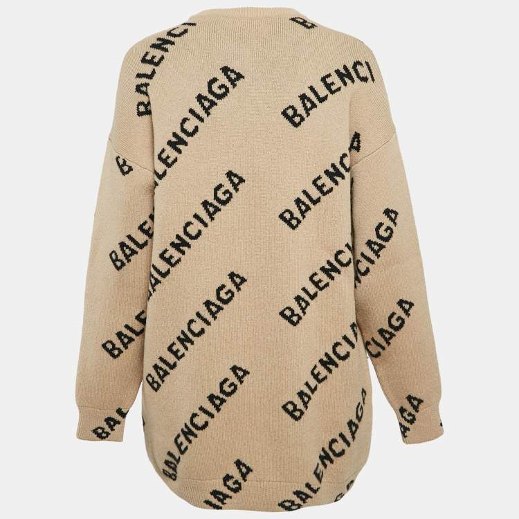 Pre Owned Balenciaga Caramel Brown Allover Logo Wool Oversized Sweater M