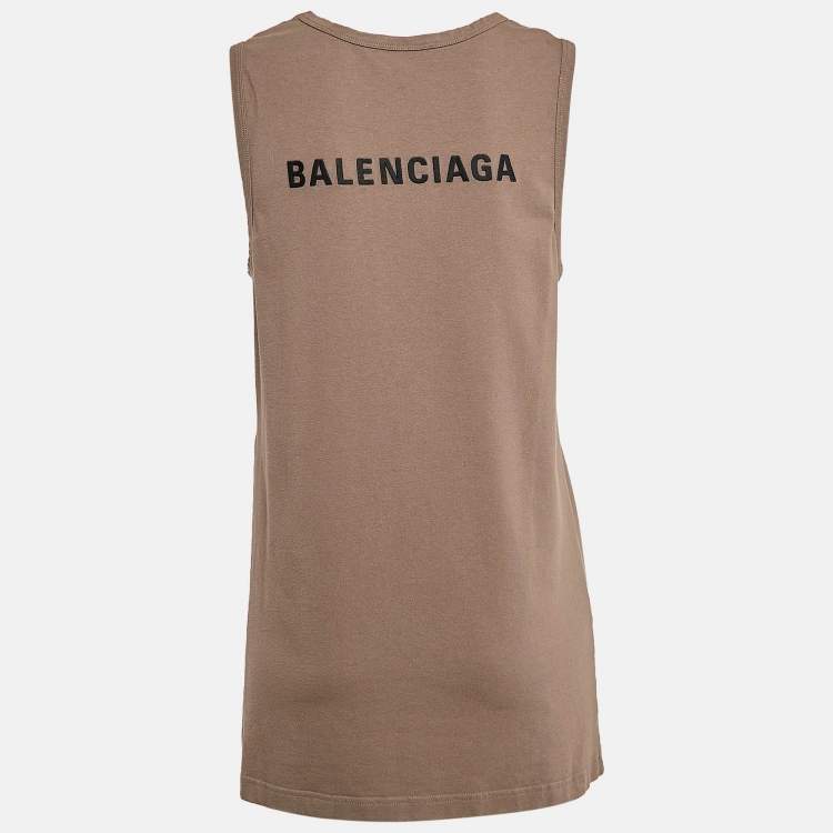 Pre Owned Balenciaga Brown Logo Embroidered Jersey Sleeveless T-Shirt XXS