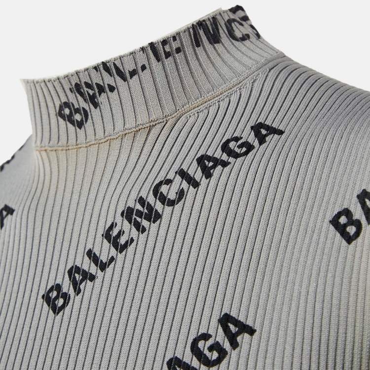 Pre Owned Balenciaga Allover Logo Rib Knit Wrap Midi Dress S