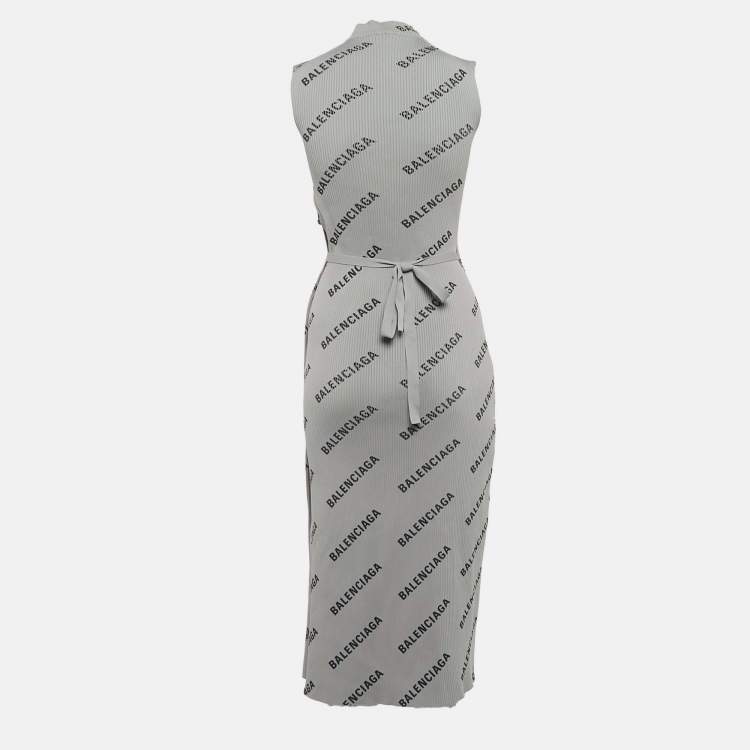 Pre Owned Balenciaga Allover Logo Rib Knit Wrap Midi Dress S
