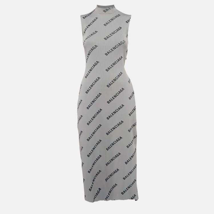 Pre Owned Balenciaga Allover Logo Rib Knit Wrap Midi Dress S
