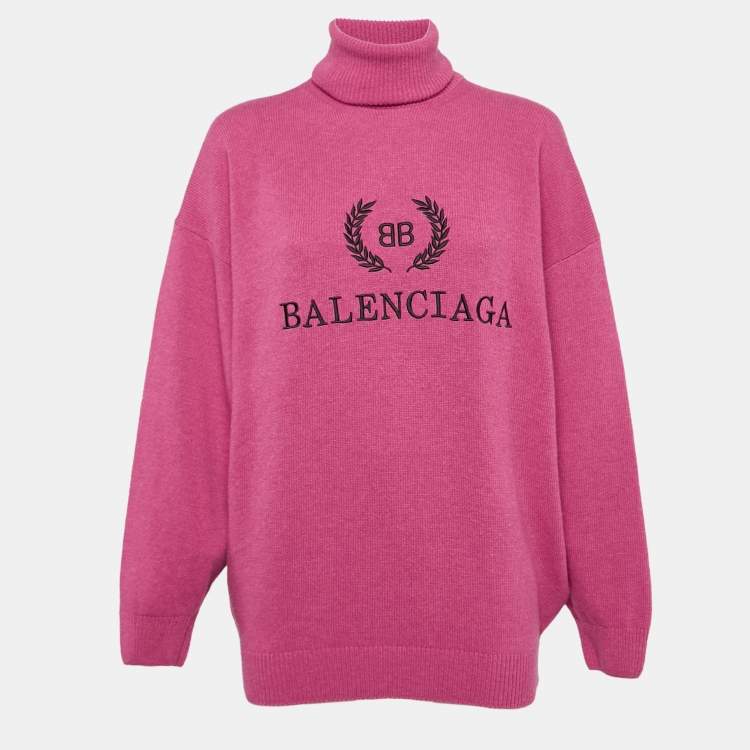 Pre Owned Balenciaga Pink Logo Embroidered Wool Rib Knit Turtleneck Sweater XS