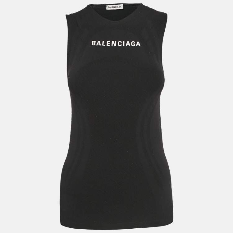 Pre Owned Balenciaga Black Logo Print Jersey Tank Top M