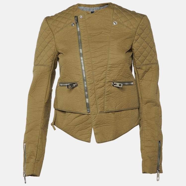 Pre Owned Balenciaga Green Cotton Blend Quilt Detail Biker Jacket S