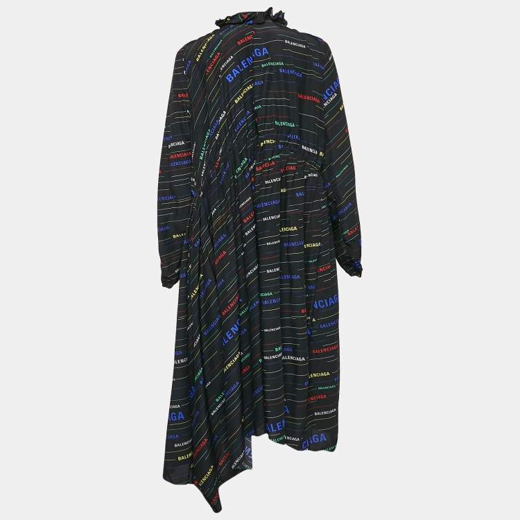 Pre Owned Balenciaga Black Stripe Logo All Over Print Silk Ruffled Midi Dress S