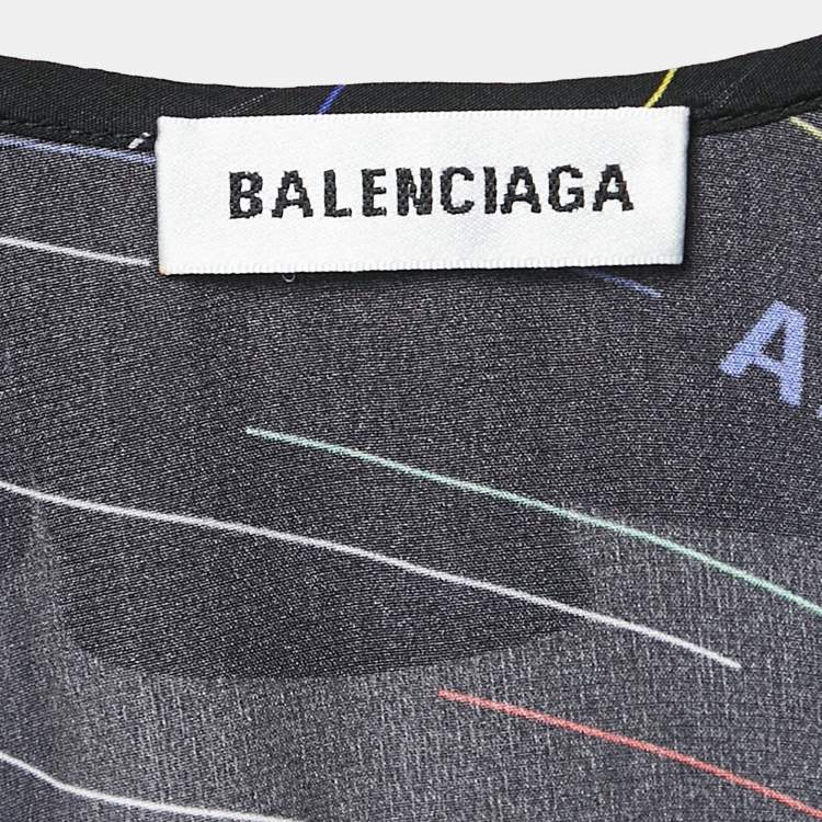 Pre Owned Balenciaga Black Stripe Logo All Over Print Silk Ruffled Midi Dress S