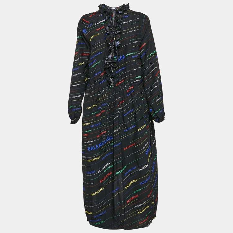 Pre Owned Balenciaga Black Stripe Logo All Over Print Silk Ruffled Midi Dress S