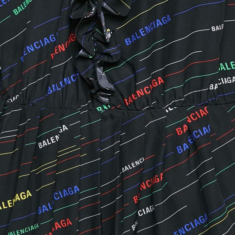 Pre Owned Balenciaga Black Stripe Logo All Over Print Silk Ruffled Midi Dress S