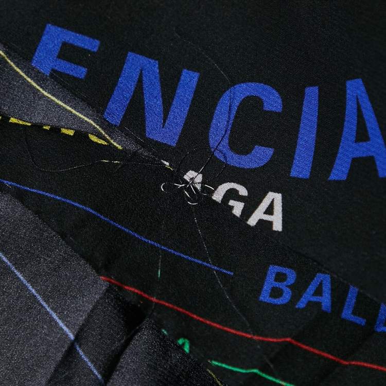 Pre Owned Balenciaga Black Stripe Logo All Over Print Silk Ruffled Midi Dress S