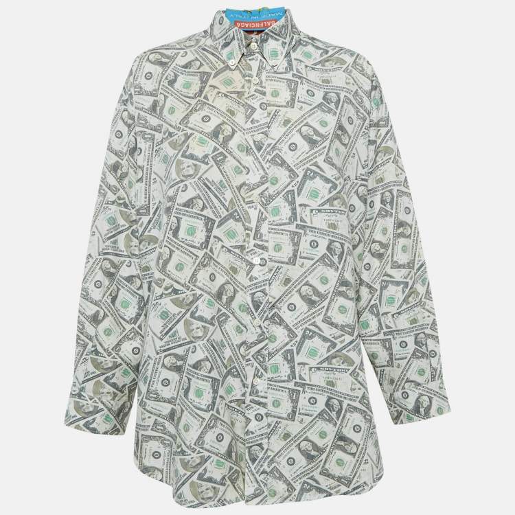 Pre Owned Balenciaga Green USD Print Cotton Blend Oversized Shirt S