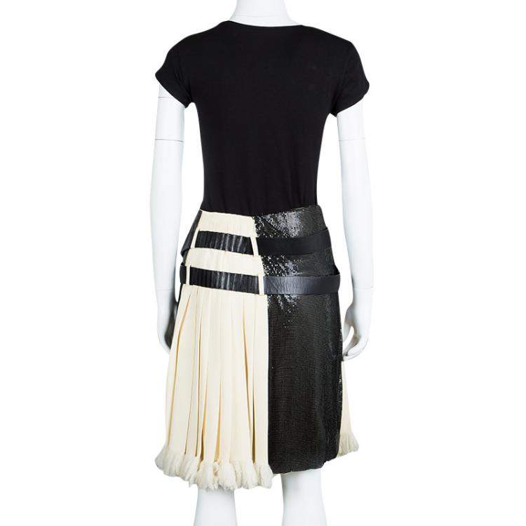 Pre Owned Balenciaga Cream Silk Contrast Embellished Belt Detail Pleated Skirt M