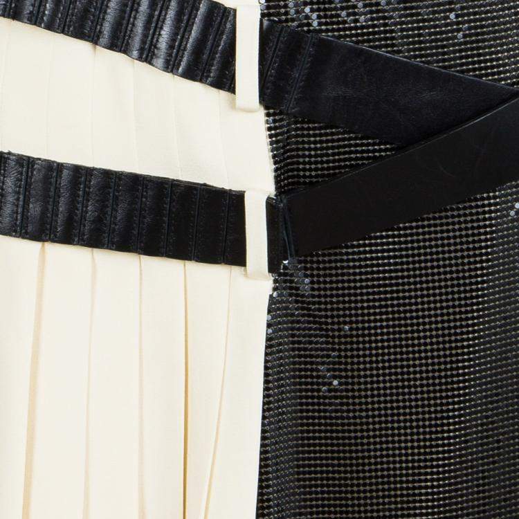 Pre Owned Balenciaga Cream Silk Contrast Embellished Belt Detail Pleated Skirt M