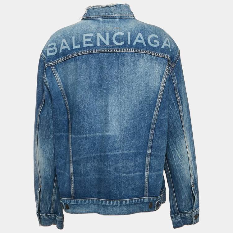 مملوكة مسبقًا Balenciaga Blue Logo Print Ripped Collar Denim Oversized Jacket M 