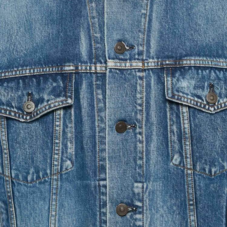 مملوكة مسبقًا Balenciaga Blue Logo Print Ripped Collar Denim Oversized Jacket M 