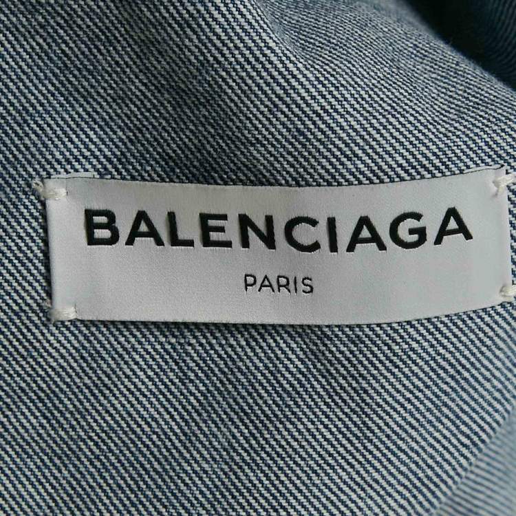 مملوكة مسبقًا Balenciaga Blue Logo Print Ripped Collar Denim Oversized Jacket M 