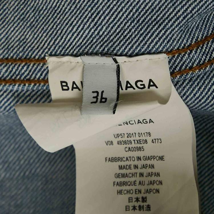 مملوكة مسبقًا Balenciaga Blue Logo Print Ripped Collar Denim Oversized Jacket M 