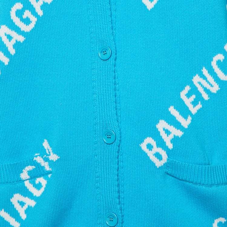 Pre Owned Balenciaga Blue All Over Logo Intarsia Knit Cardigan S