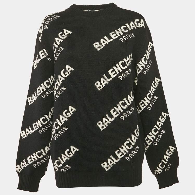 Pre Owned Balenciaga Black Logo Jacquard Knit Jumper L