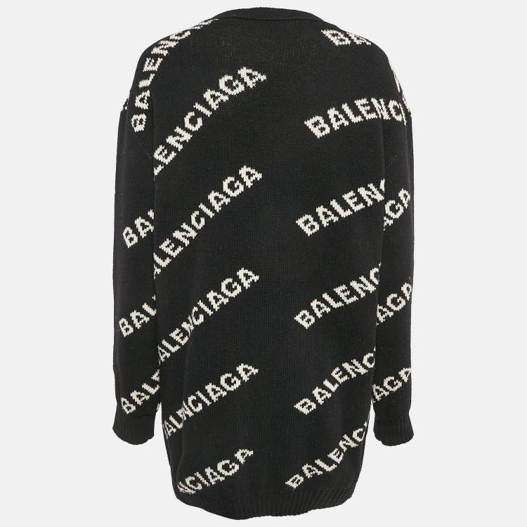 Pre Owned Balenciaga Black Logo Jacquard Knit Long Archetype Cardigan M
