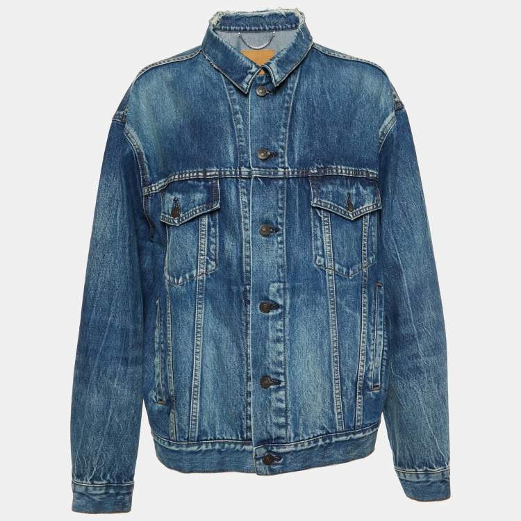 Pre Owned Balenciaga Blue Denim Distressed Collar Detail Oversized Jacket M