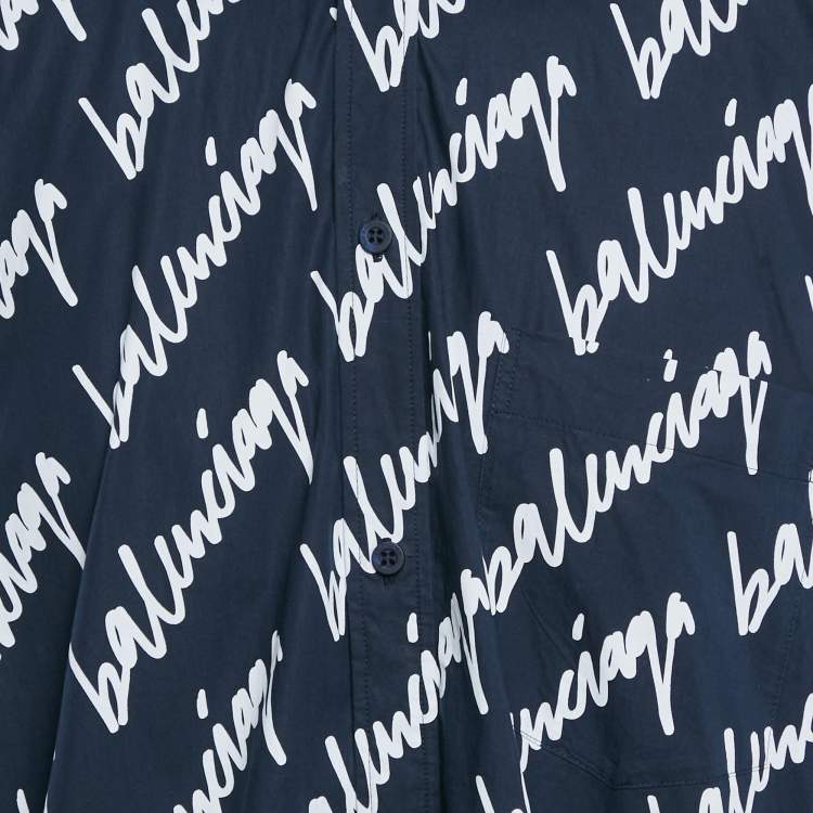 Pre Owned Balenciaga Midnight Blue Logo Print Cotton Unisex Oversized Shirt M