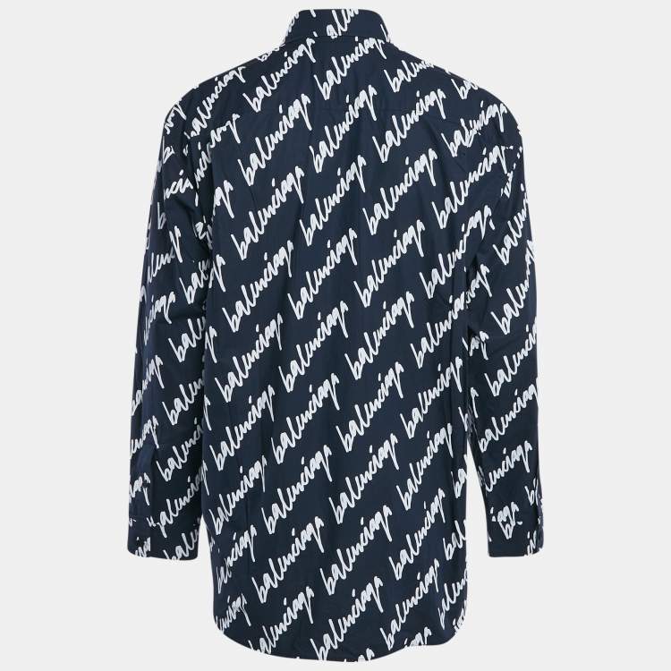 Pre Owned Balenciaga Midnight Blue Logo Print Cotton Unisex Oversized Shirt M