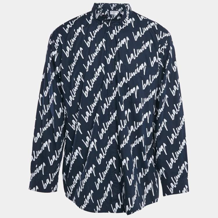Pre Owned Balenciaga Midnight Blue Logo Print Cotton Unisex Oversized Shirt M