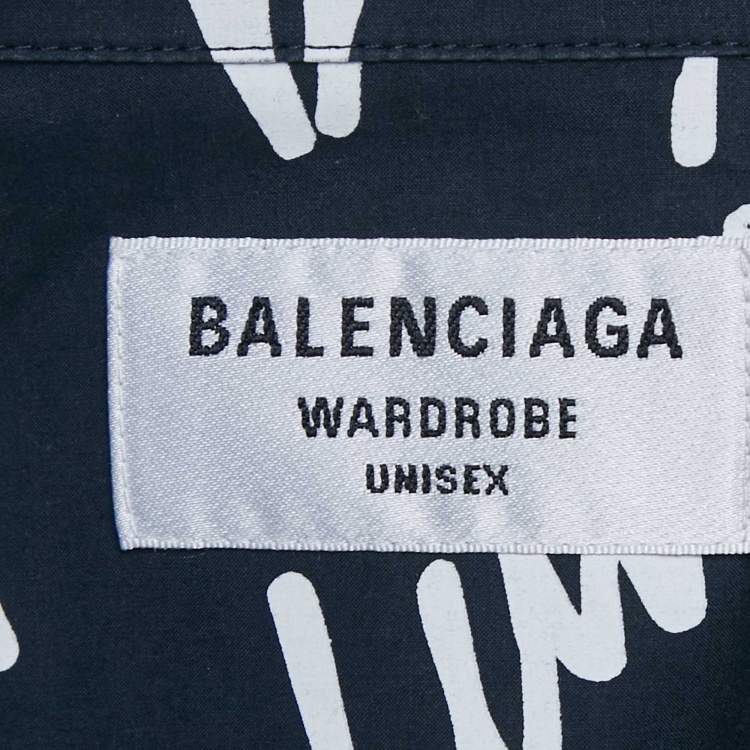 Pre Owned Balenciaga Midnight Blue Logo Print Cotton Unisex Oversized Shirt M