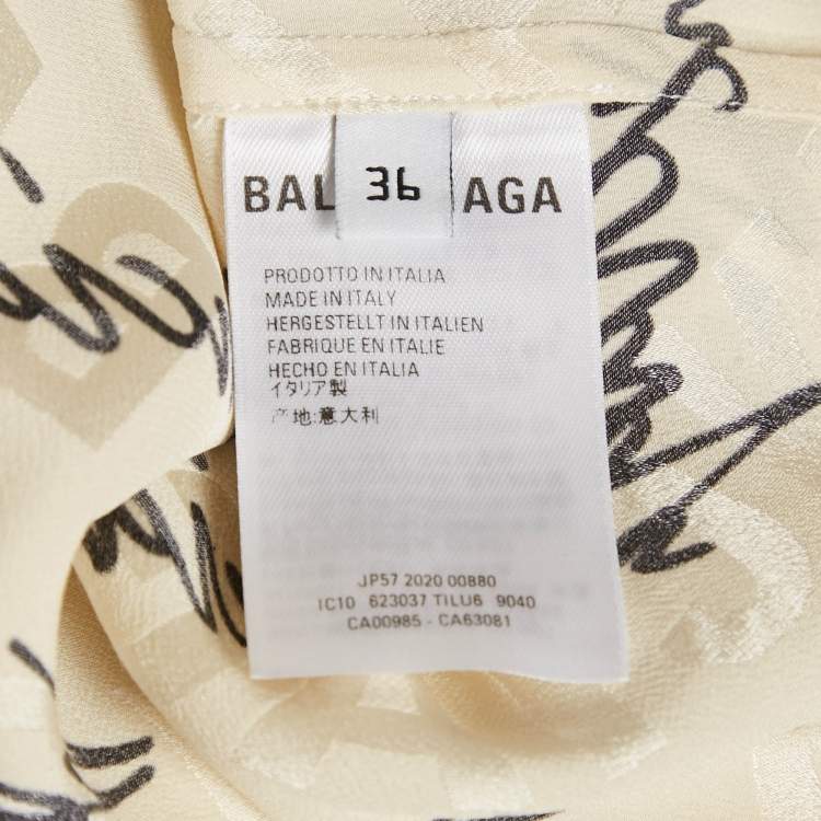 Pre Owned Balenciaga White Logo Print Jacquard Silk Button Front Blouse S