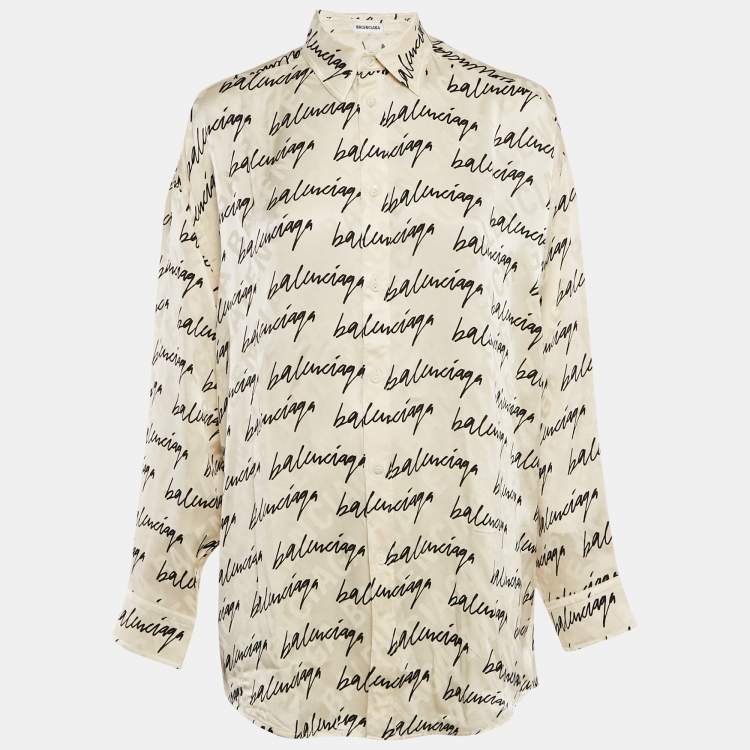 Pre Owned Balenciaga White Logo Print Jacquard Silk Button Front Blouse S