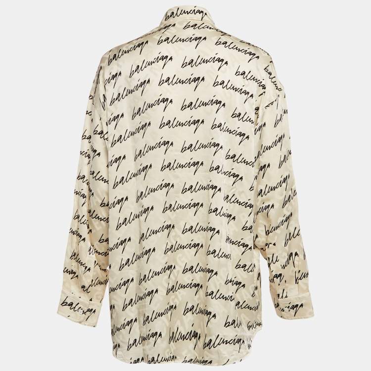 Pre Owned Balenciaga White Logo Print Jacquard Silk Button Front Blouse S