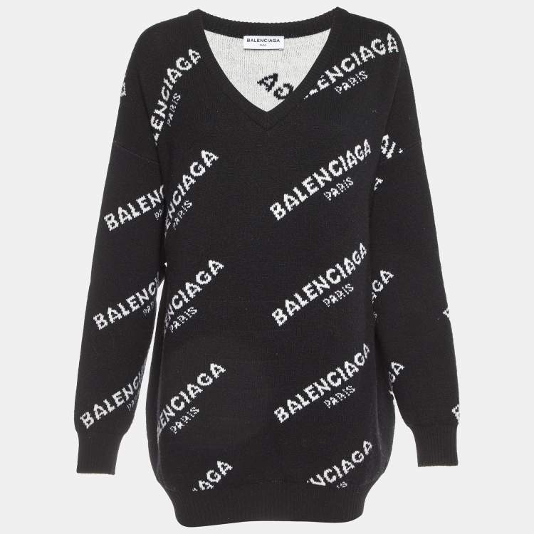 Pre Owned Balenciaga Black All Over Logo Wool Knit Sweater L
