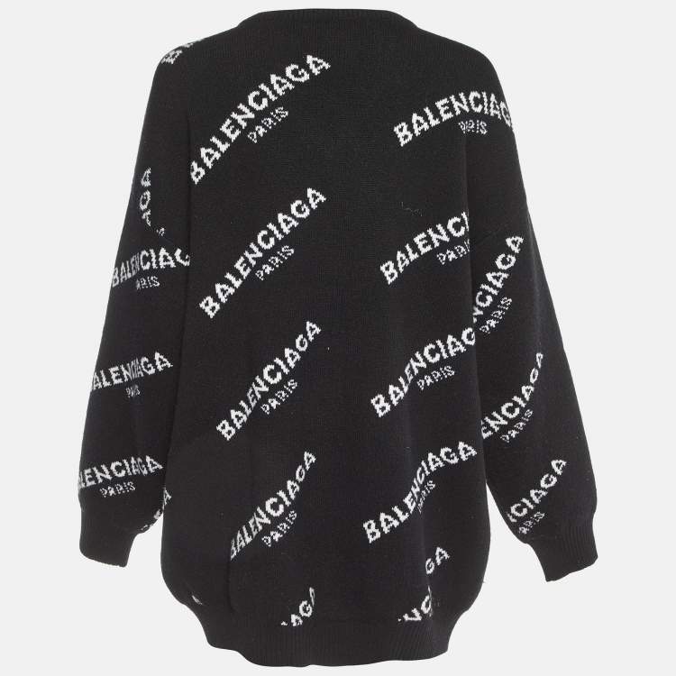 Pre Owned Balenciaga Black All Over Logo Wool Knit Sweater L