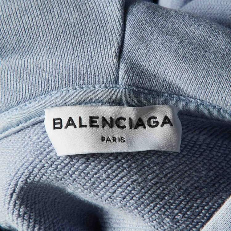 Pre Owned Balenciaga Pale Blue Logo Print Cotton Hooded Sweatshirt L