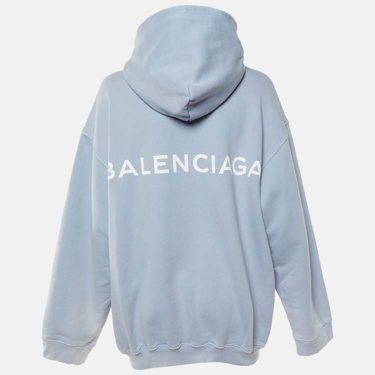 Pre Owned Balenciaga Pale Blue Logo Print Cotton Hooded Sweatshirt L