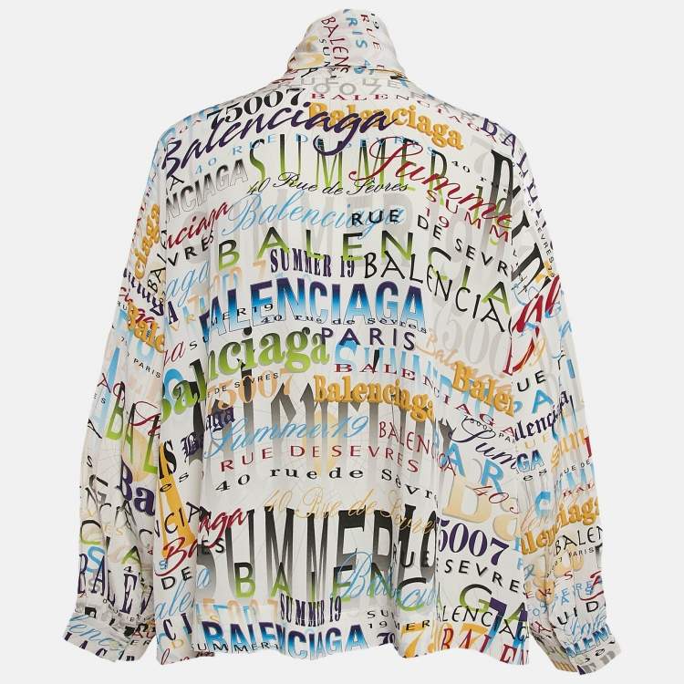 Pre Owned Balenciaga Multicolor Silk Logo Print Tie-Up Neck Detail Blouse S