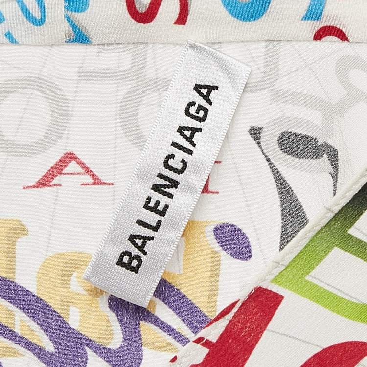 Pre Owned Balenciaga Multicolor Silk Logo Print Tie-Up Neck Detail Blouse S