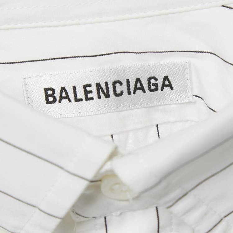 Pre Owned Balenciaga White Logo Printed Stripe Cotton Button Front Oversized Shirt S