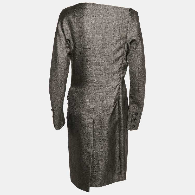 Pre Owned Balenciaga Grey Wool Blend Midi Dress L