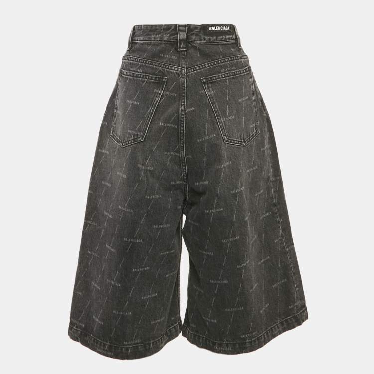 Pre Owned Balenciaga Black Logo Print Denim Mid-Rise Shorts S