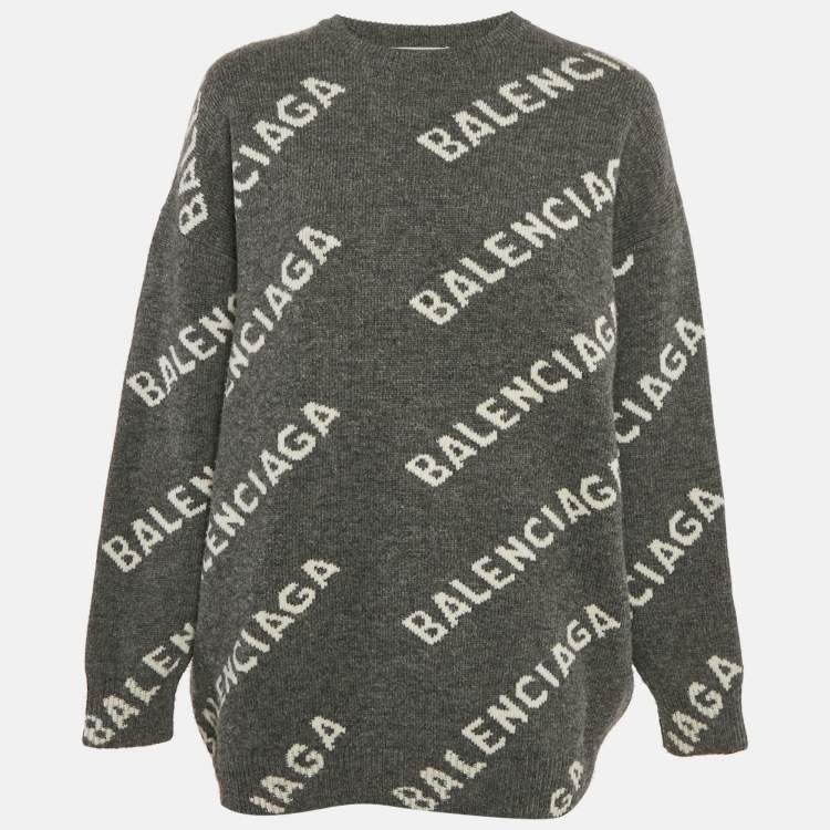 Pre Owned Balenciaga Grey Logo Intarsia Wool Knit Sweater S
