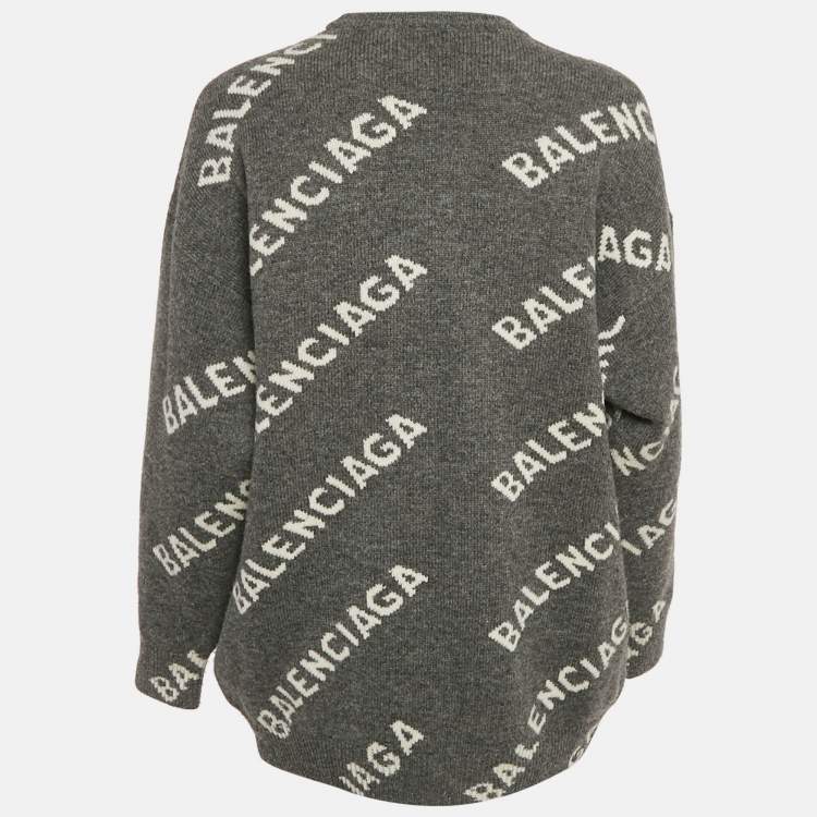 Pre Owned Balenciaga Grey Logo Intarsia Wool Knit Sweater S
