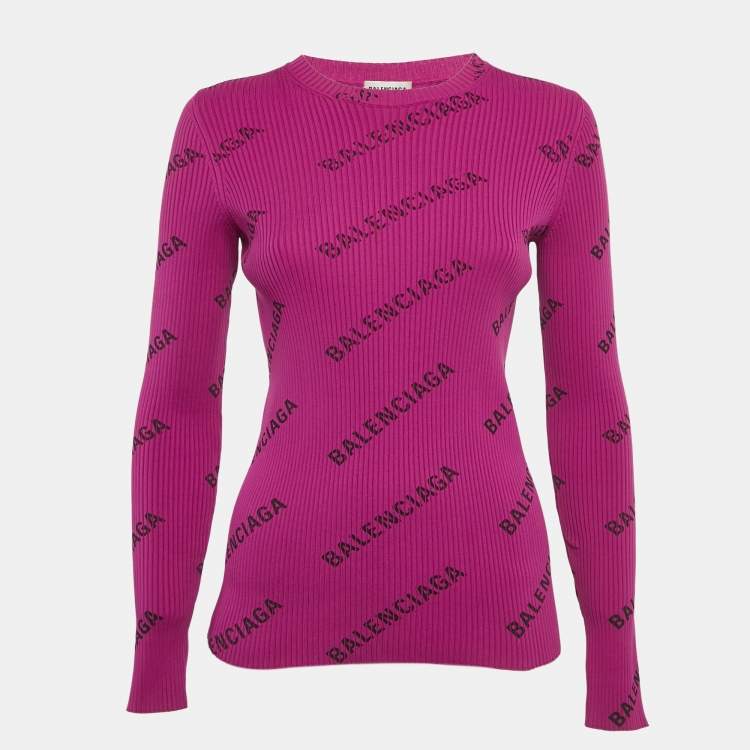 Pre Owned Balenciaga Purple Logo Print Rib Knit Long Sleeve Jumper M