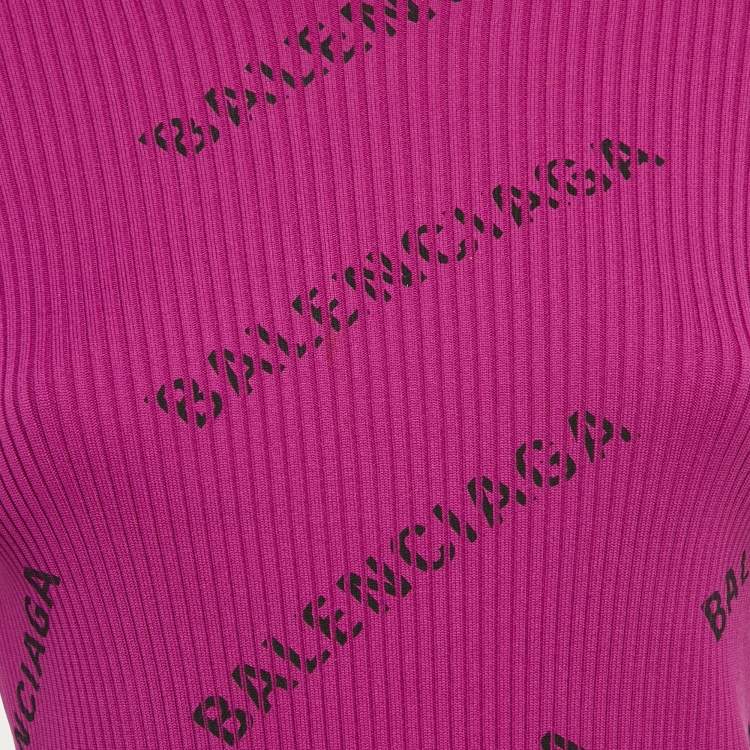 Pre Owned Balenciaga Purple Logo Print Rib Knit Long Sleeve Jumper M